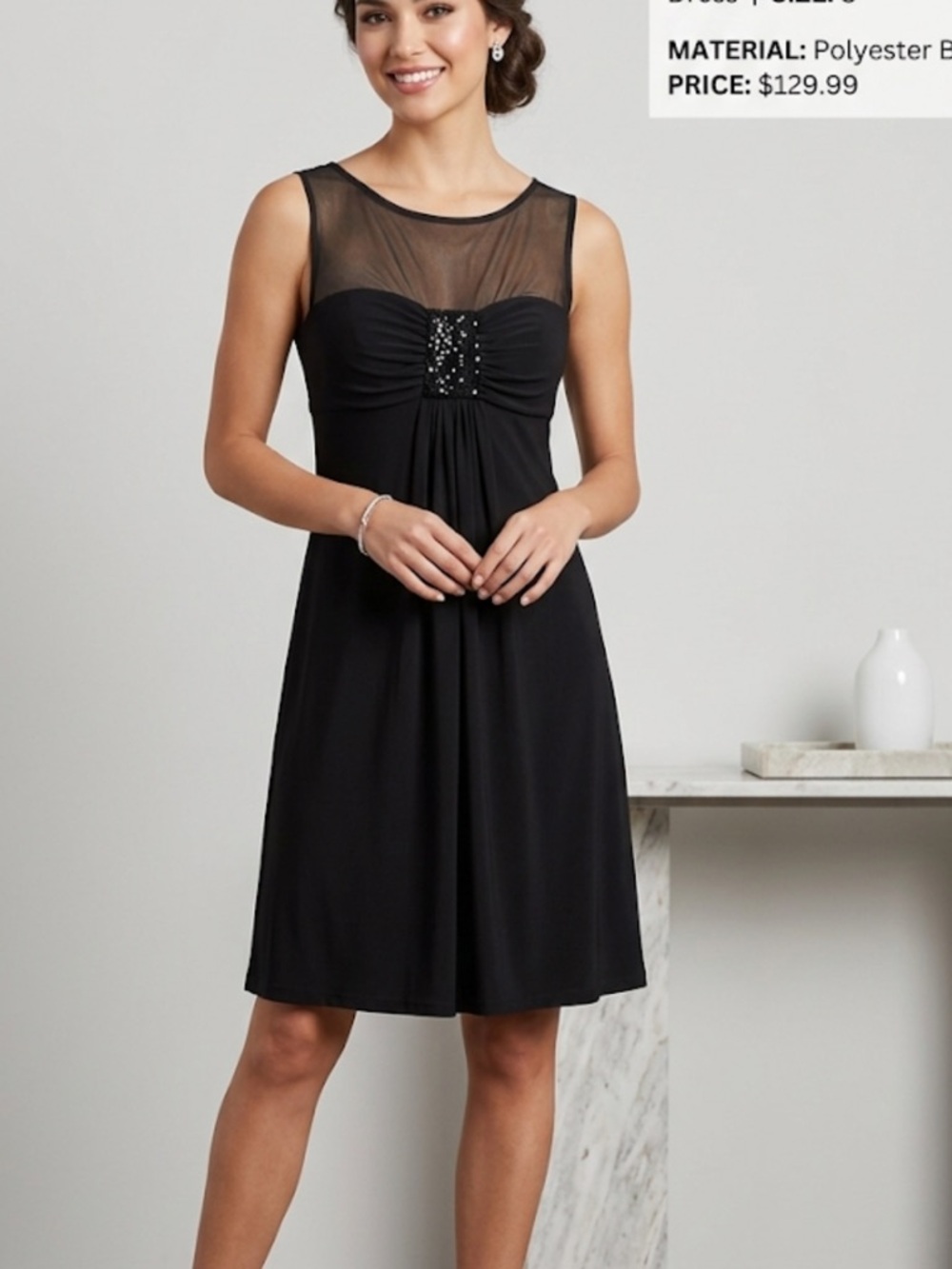 R&M Richards Black Sleeveless Mesh Yoke A-line Cocktail Dress